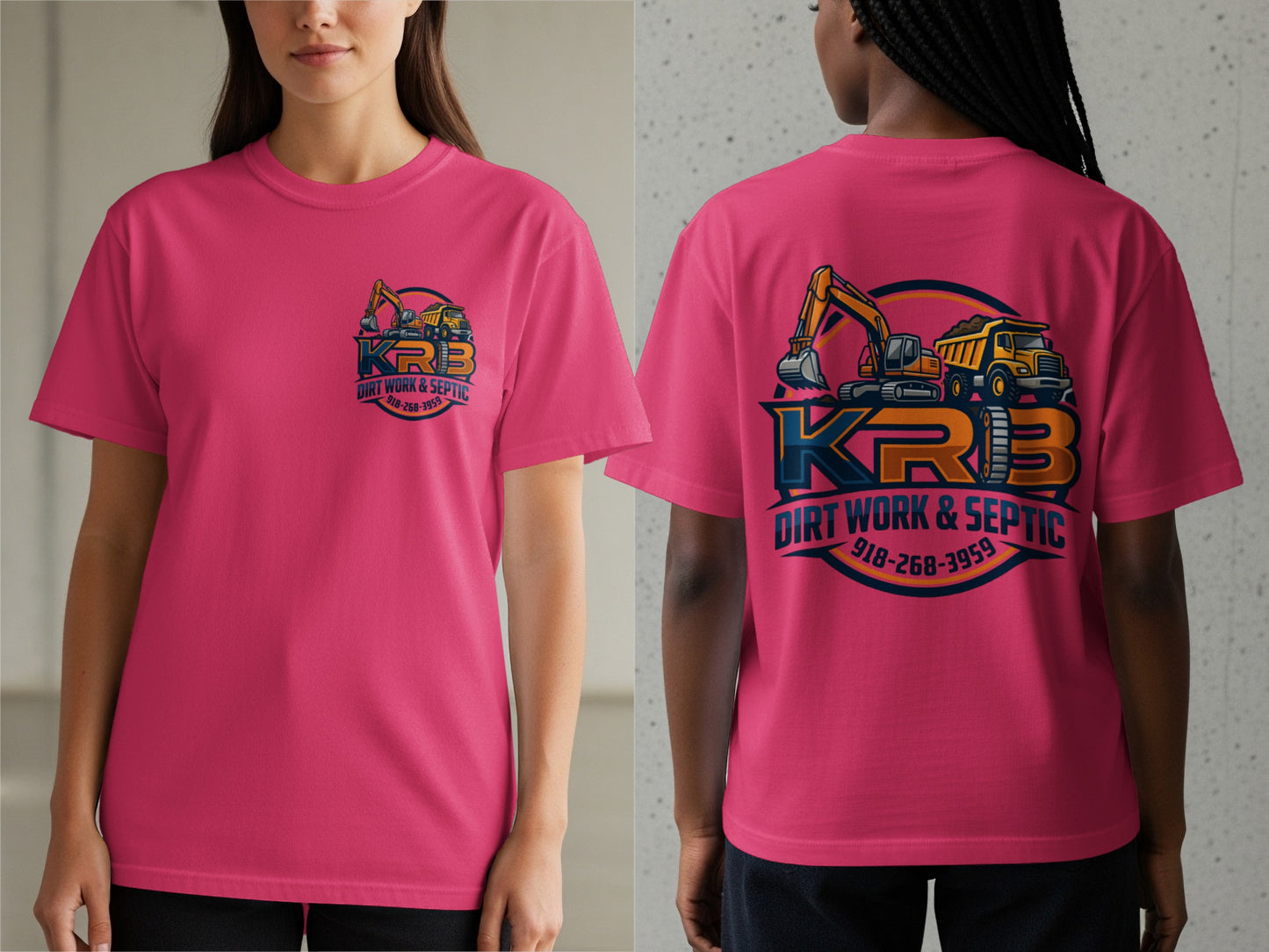 Pink t-shirt with a circular logo featuring KRB, excavators, a dump truck, and phone number 918-268-3959.