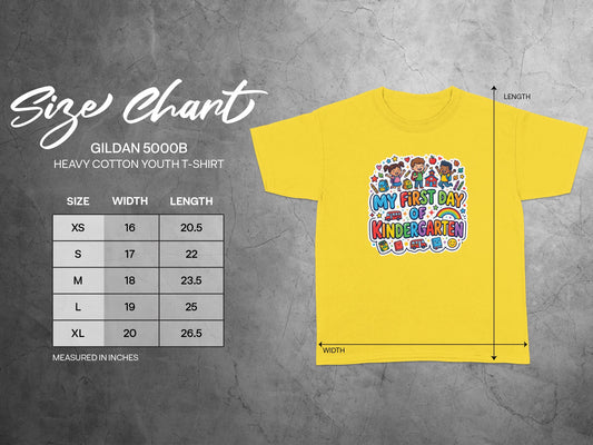Gildan 5000B yellow youth t-shirt size chart, with graphic "My First Day of Kindergarten".