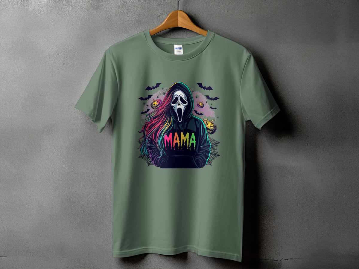 Green t-shirt with a Scream mask character and "MAMA" text, surrounded by Halloween motifs.