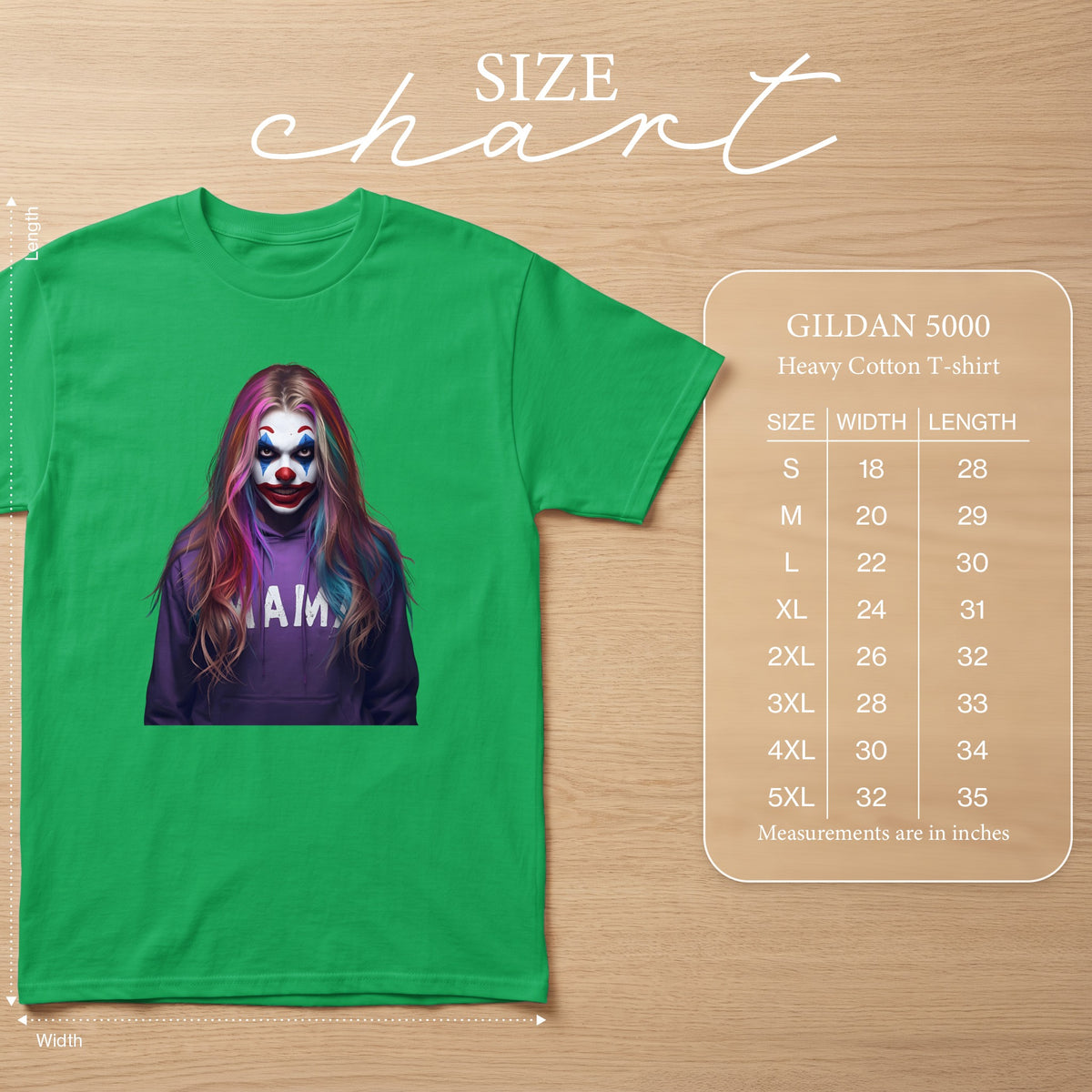 Green Gildan 5000 t-shirt with clown graphic and size chart.