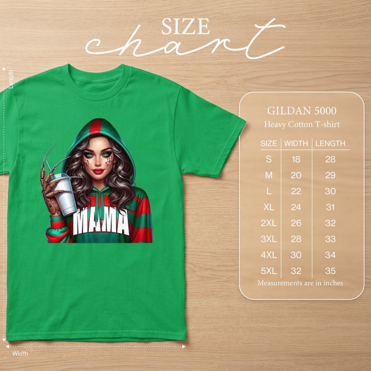Green Gildan 5000 t-shirt with "Mama" graphic and size chart.