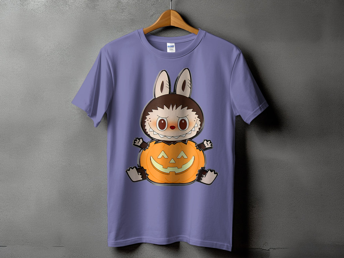 Purple t-shirt with cartoon character sitting in a jack-o'-lantern.
