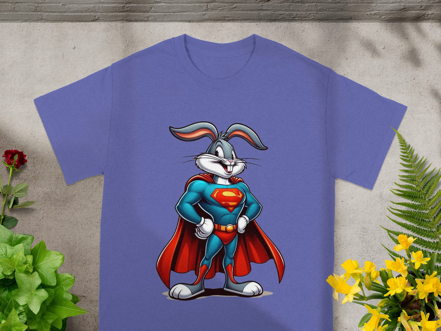 Bugs Bunny dressed as Superman stands with hands on hips.