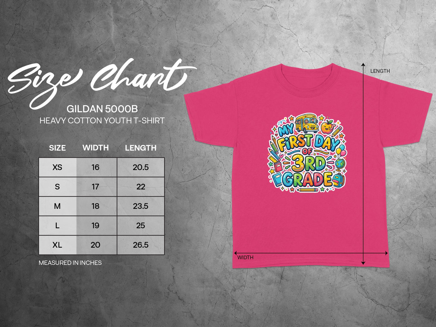 Gildan youth t-shirt size chart with "My First Day of 3rd Grade" graphic.