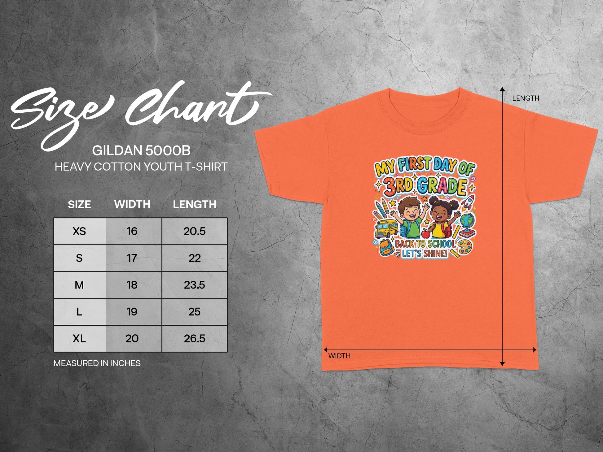 Gildan 5000B youth t-shirt size chart with "My First Day of 3rd Grade" graphic.