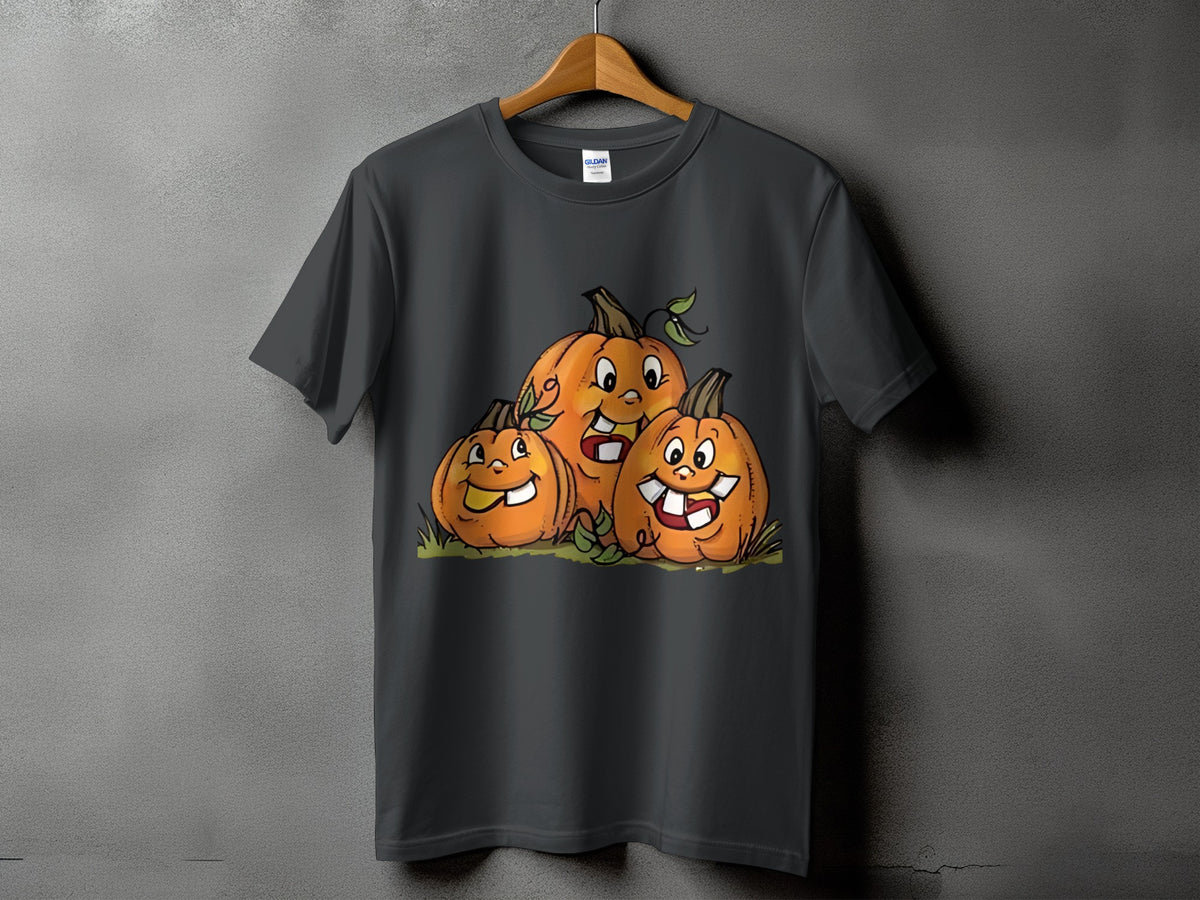 Three cartoon pumpkins with smiling faces and teeth on a dark gray t-shirt.