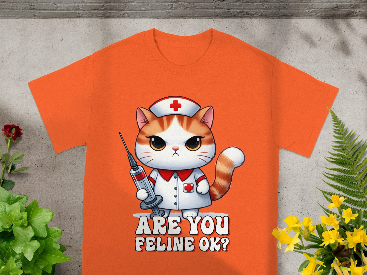 Orange T-Shirt Featuring Cute Nurse Cat 'Are You Feline OK?'