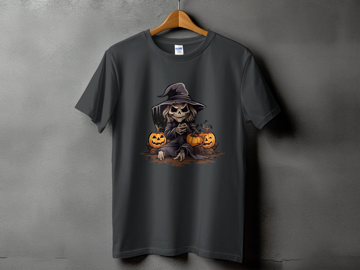 Dark gray t-shirt with a skeleton in a witch hat and pumpkins graphic.