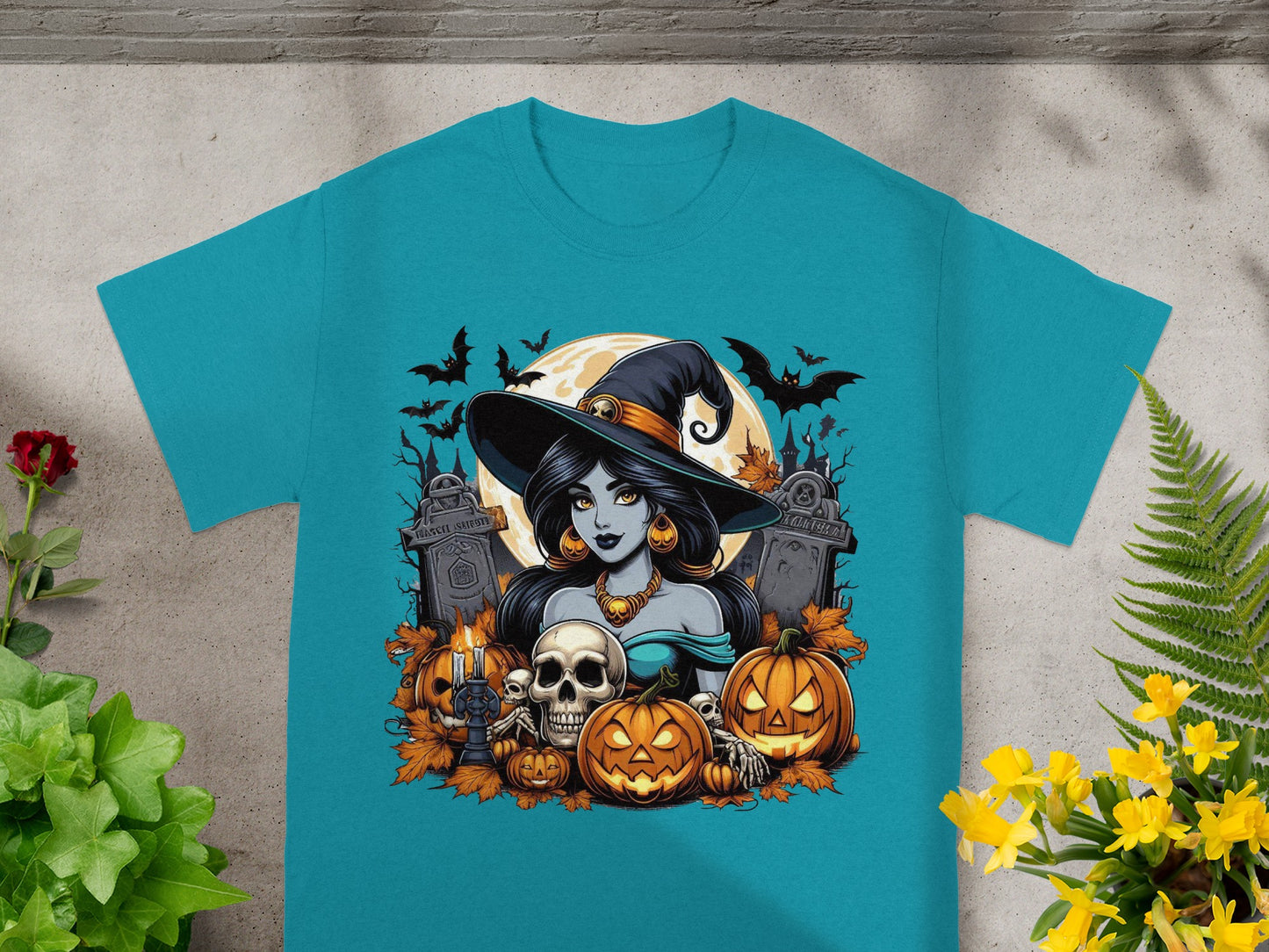 Halloween design with witch, pumpkins, skulls, bats, and tombstones.