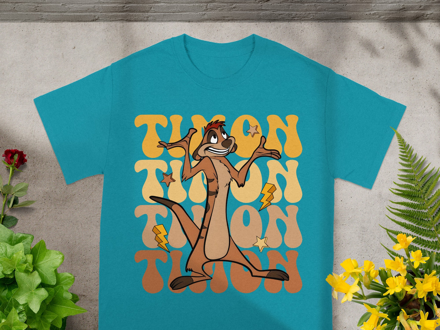Timon from The Lion King with retro-style text and lightning bolts.