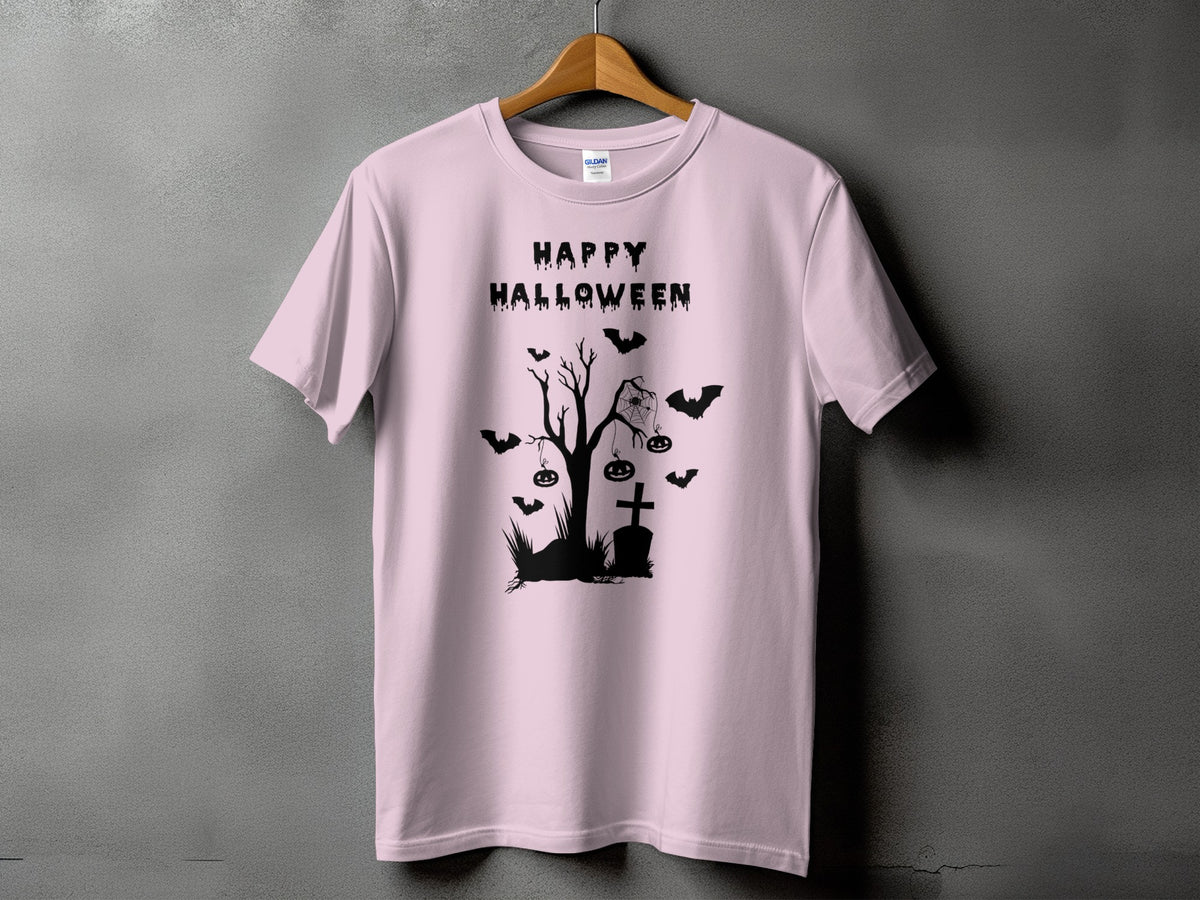 Pink t-shirt with black Halloween graphic featuring text, a tree, bats, and pumpkins.