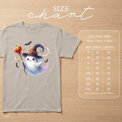 Size chart for Gildan 5000 Heavy Cotton T-shirt with ghost graphic.