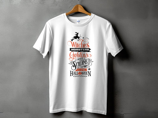 White t-shirt with Halloween text: "Witches, Monsters, Goblins, Screams, It's Almost Halloween".