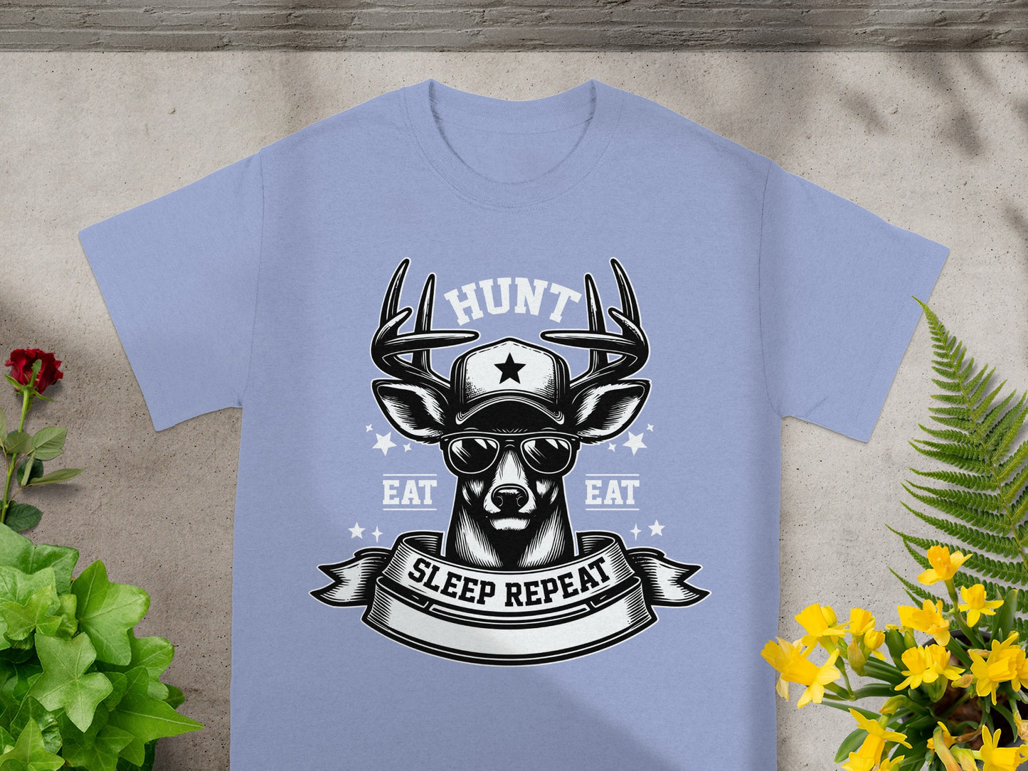 Deer with sunglasses and hat on t-shirt, says "Hunt Eat Sleep Repeat".
