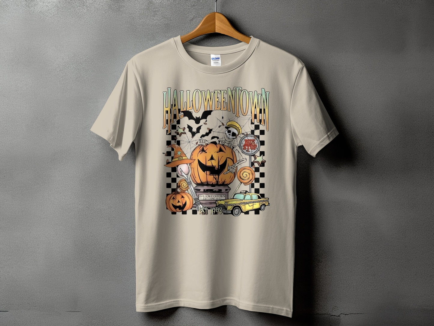 Light tan t-shirt with "HALLOWEENTOWN" text and Halloween graphics.