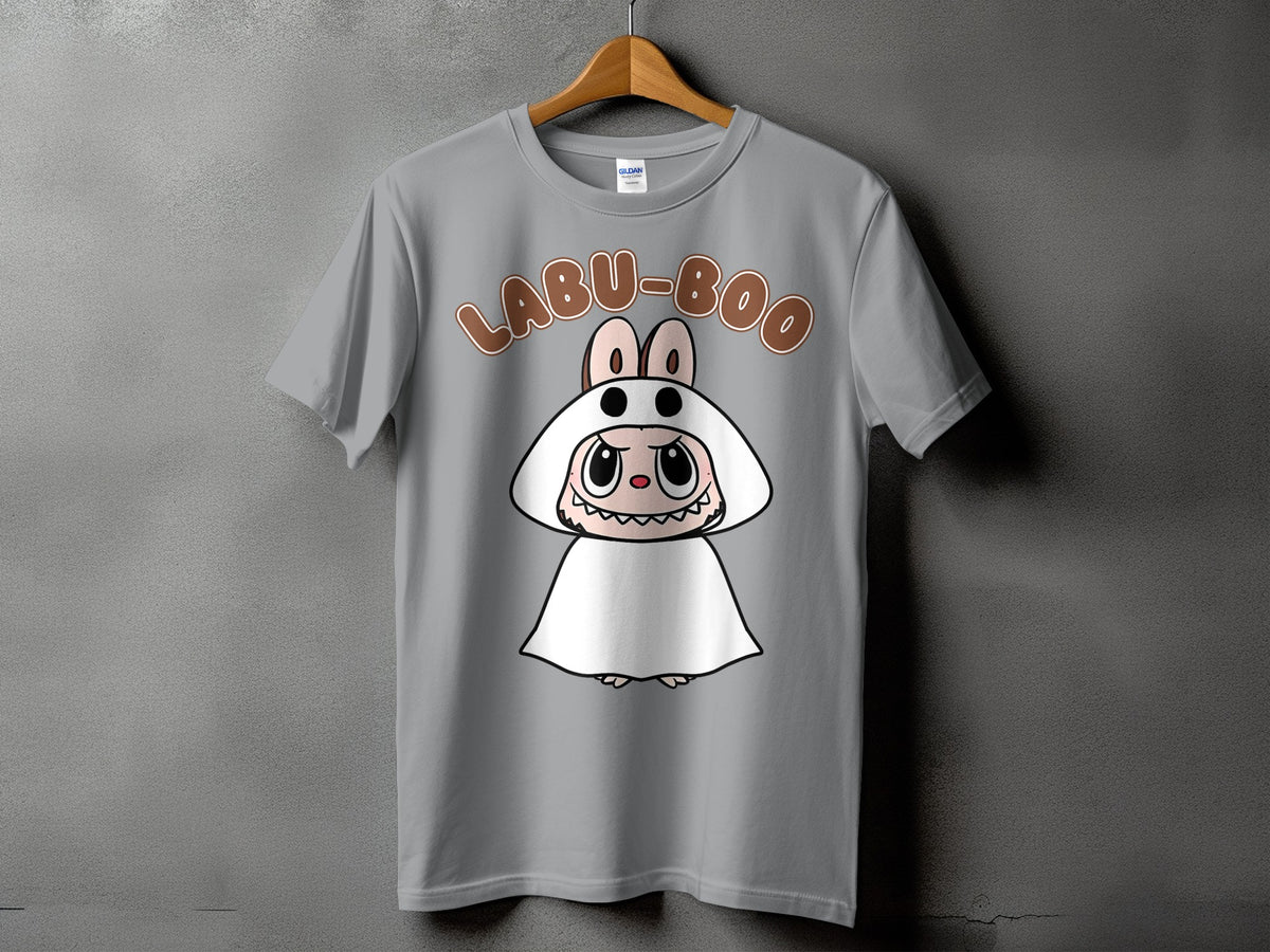Grey t-shirt with cartoon character and "LABU-BOO" text.