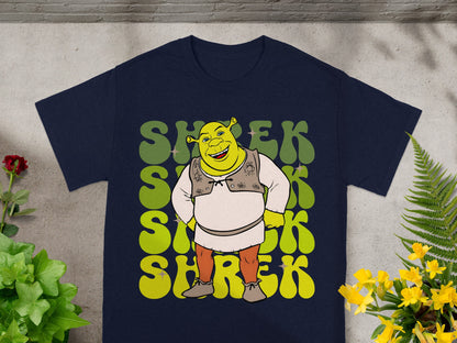 Navy t-shirt with Shrek graphic and green retro text.