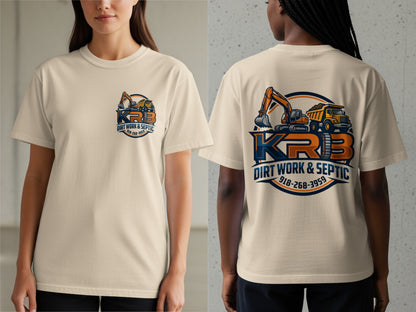 Cream t-shirt with KRB Dirt Work & Septic logo featuring excavator and dump truck