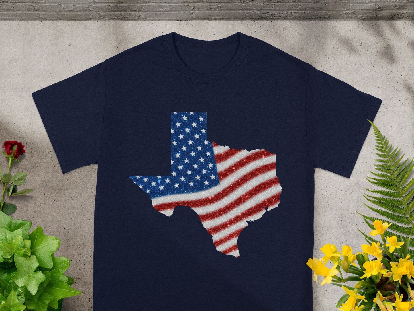 Navy t-shirt with Texas outline in glittery American flag design.