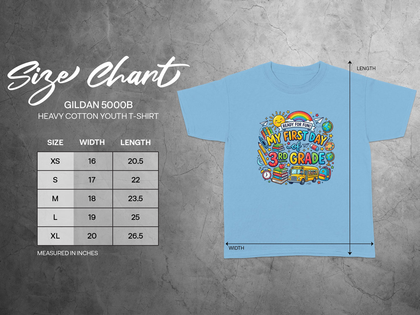 Gildan 5000B youth t-shirt size chart with measurements in inches.