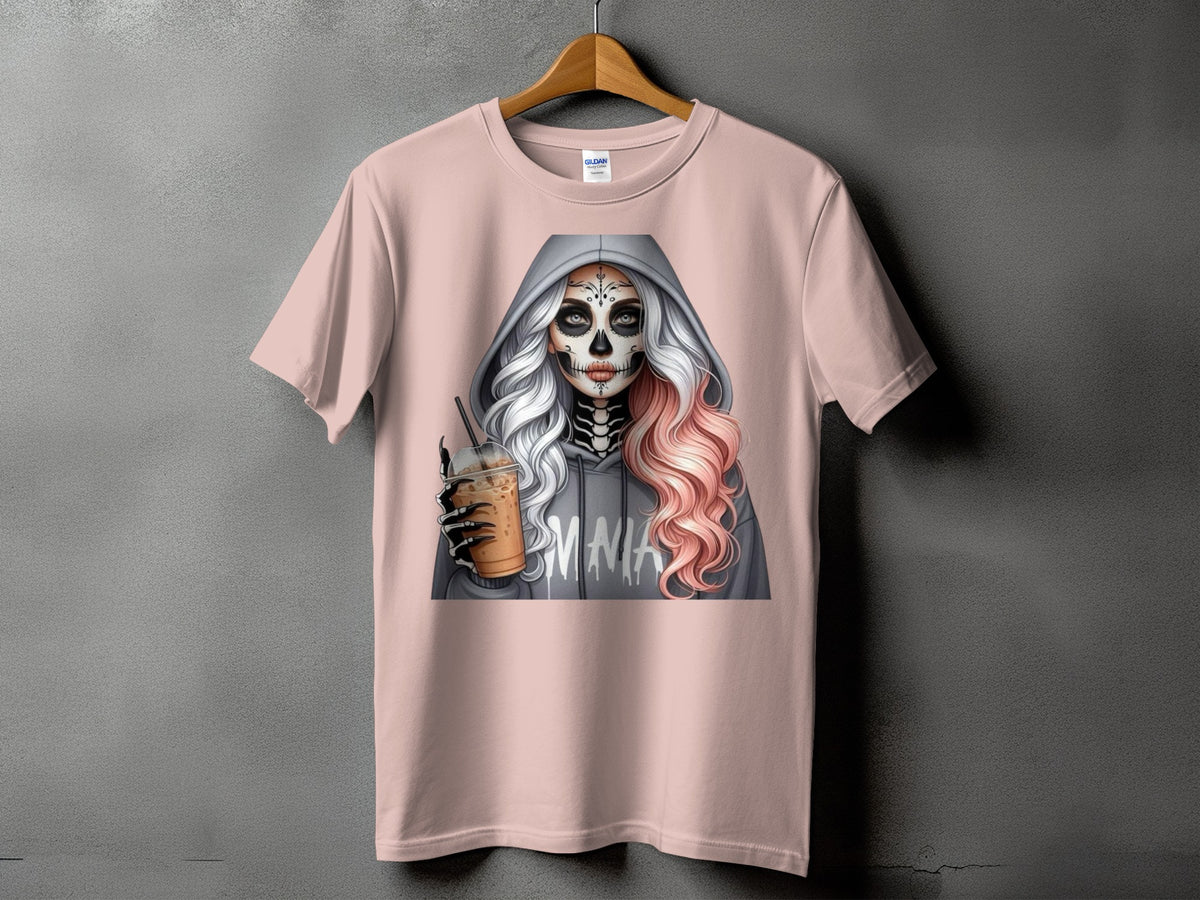 Pink t-shirt with graphic of skeleton sugar skull woman holding iced coffee.