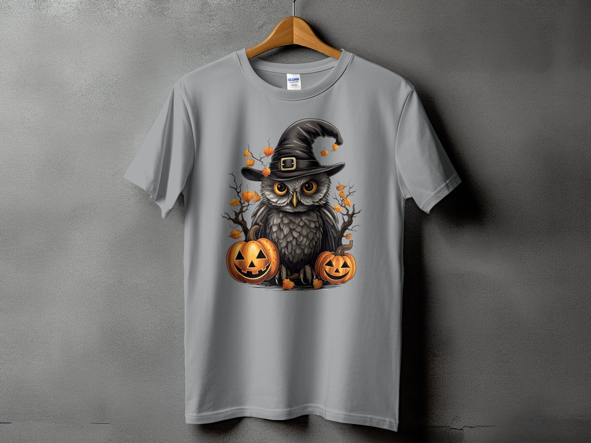 Gray t-shirt featuring a Halloween owl graphic with pumpkins and autumn leaves.