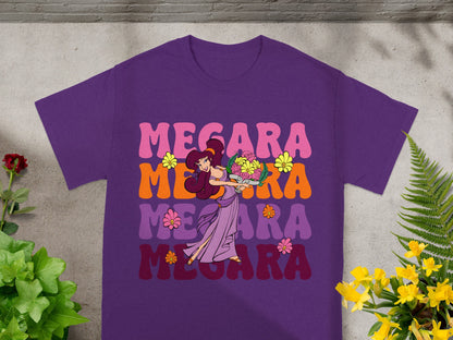 Purple t-shirt with Megara graphic and flowers in retro font.