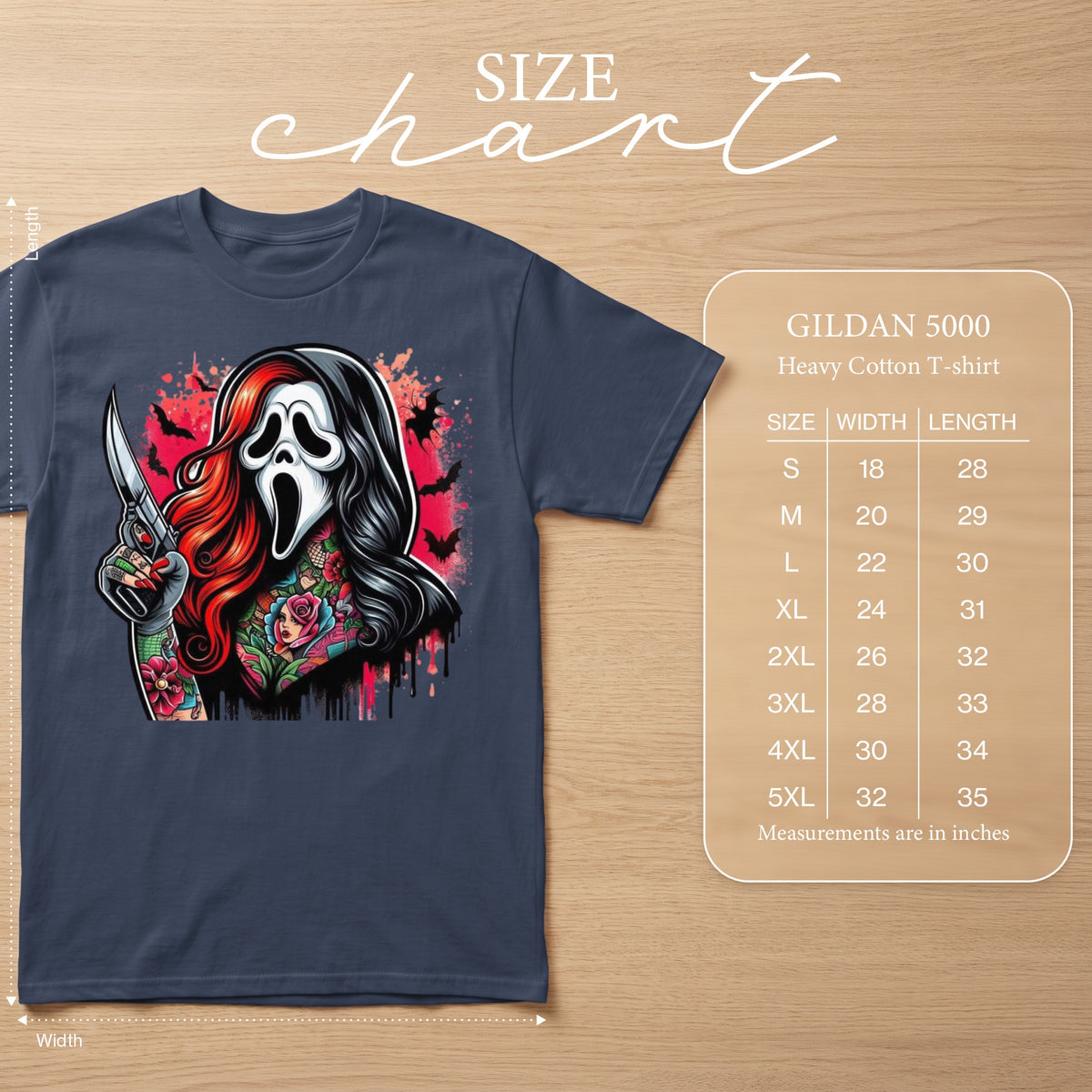 Navy t-shirt with Ghostface artwork holding a knife; Gildan 5000 size chart.