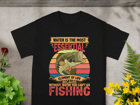 Black t-shirt with vintage bass fishing graphic and text.
