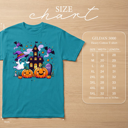 Teal t-shirt with cartoon Halloween ghost, pumpkins, bats, and haunted house graphic. Includes size chart.