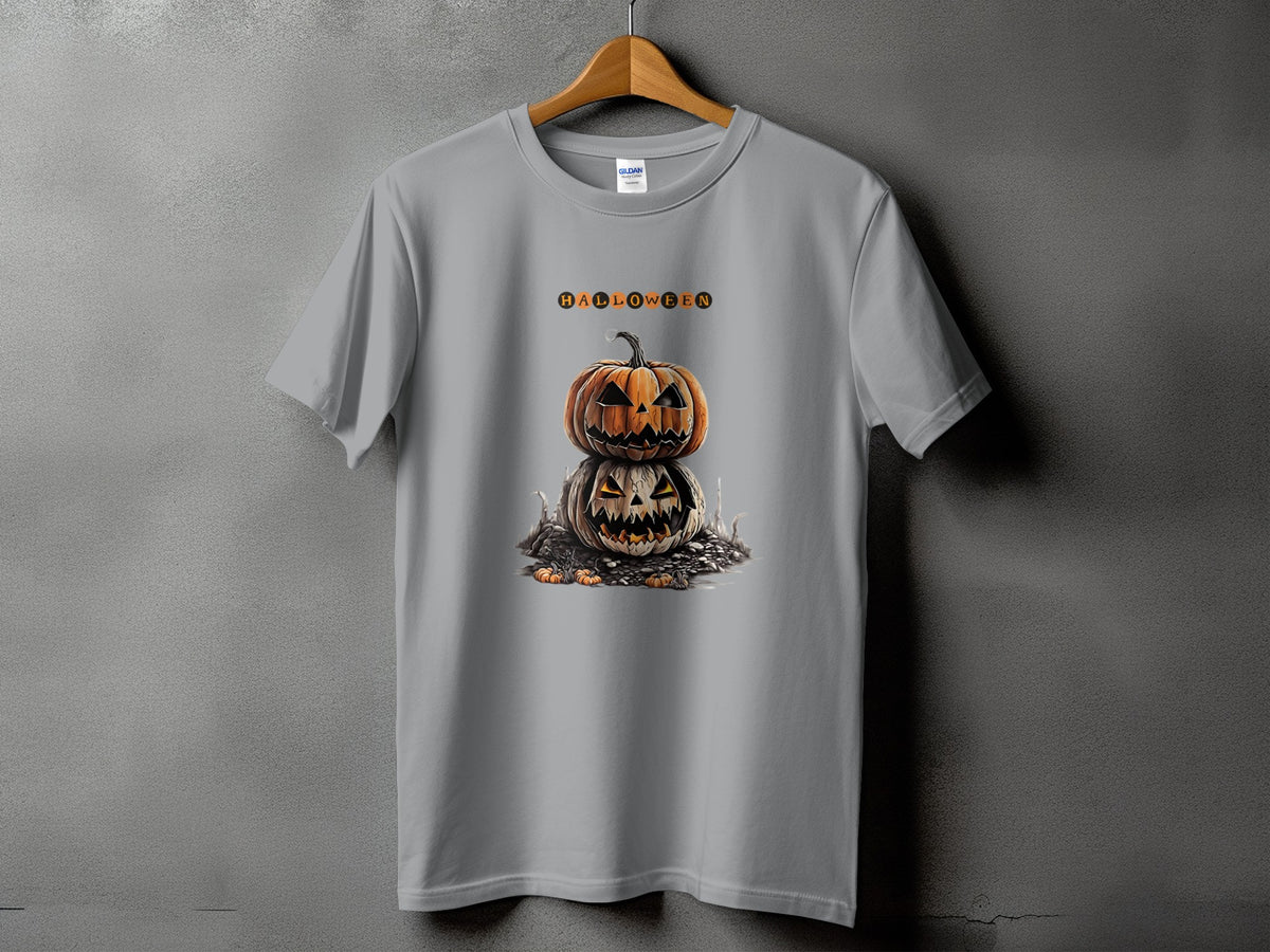 Grey t-shirt with stacked Jack-o'-lanterns and the word HALLOWEEN.