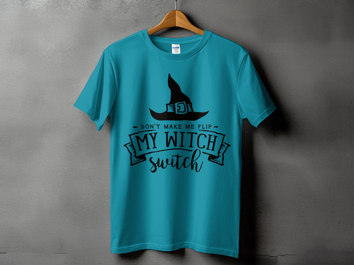 Turquoise t-shirt with a black witch hat and "My Witch Switch" text.