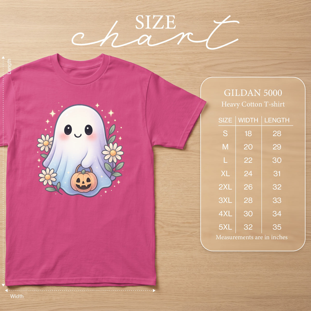 Pink Gildan 5000 t-shirt with cute ghost graphic and size chart.