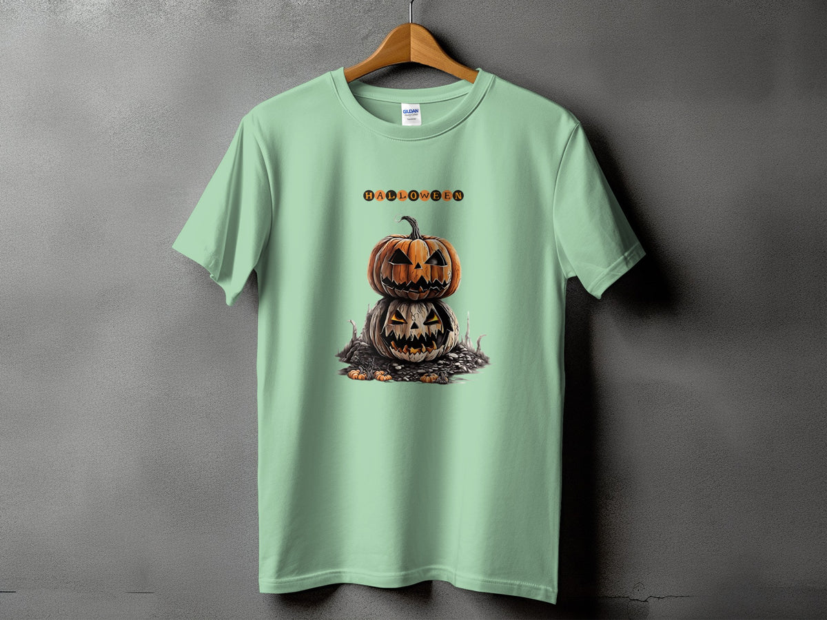 Light green t-shirt with stacked jack-o'-lanterns and the word HALLOWEEN.