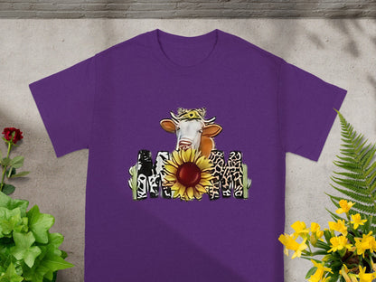 Purple Shirt with Cow and Sunflower Graphic Design