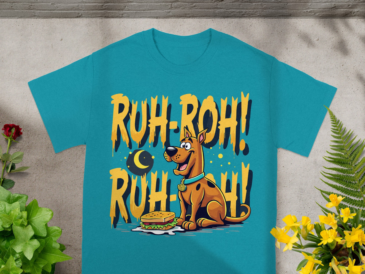 Scooby-Doo cartoon graphic with "Ruh-Roh!" text and a sandwich.