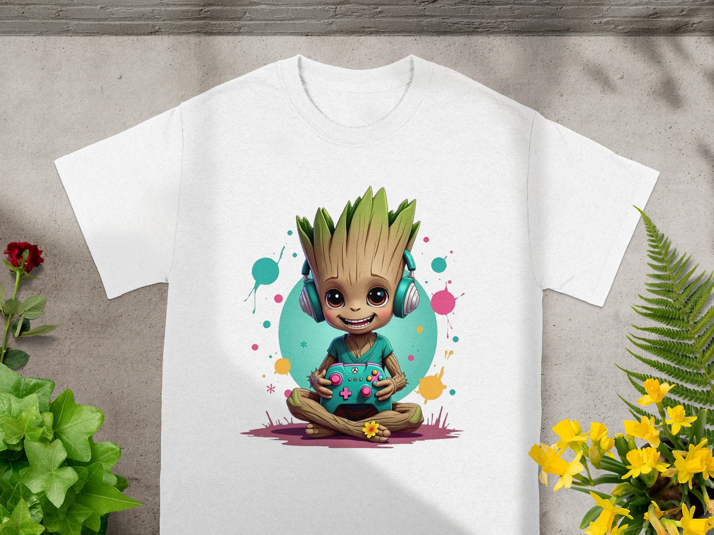 Groot wearing headphones holds a video game controller.