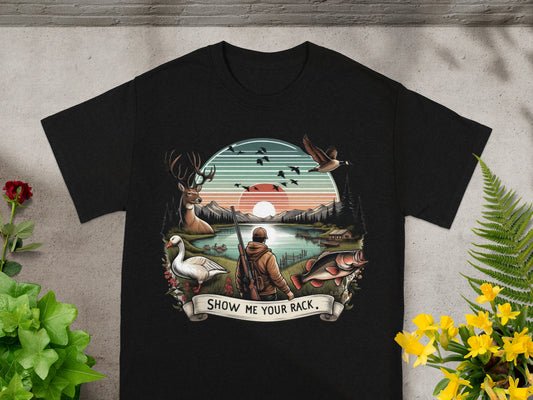 Black t-shirt with outdoor graphic featuring deer, goose, fish, hunter, and text.