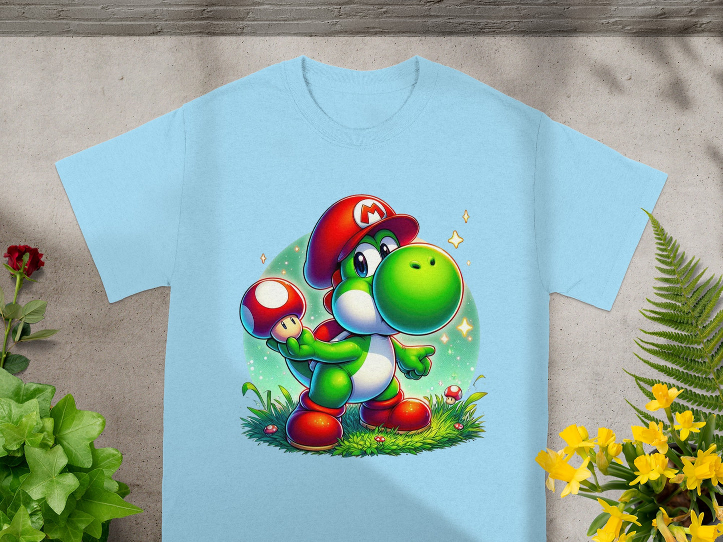Light blue t-shirt featuring Yoshi from Super Mario holding a mushroom.