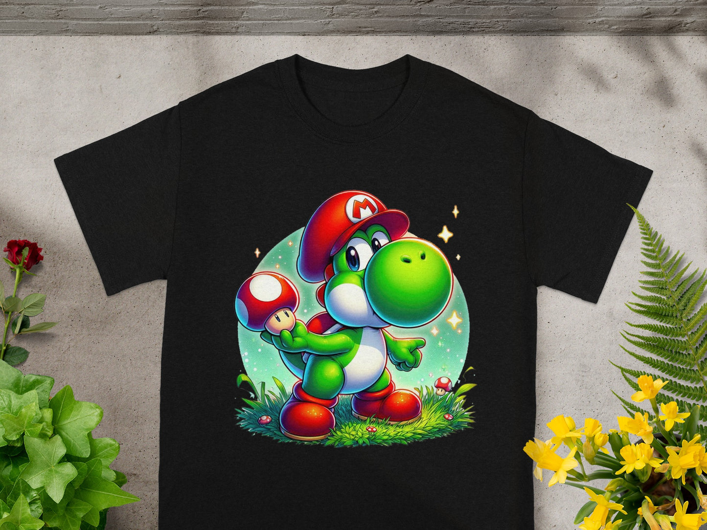 Yoshi in a red hat holding a mushroom, on a black t-shirt.
