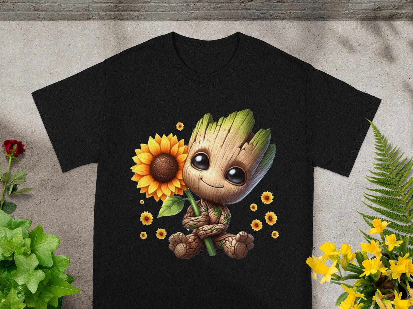 Groot holding a sunflower, surrounded by smaller sunflowers.