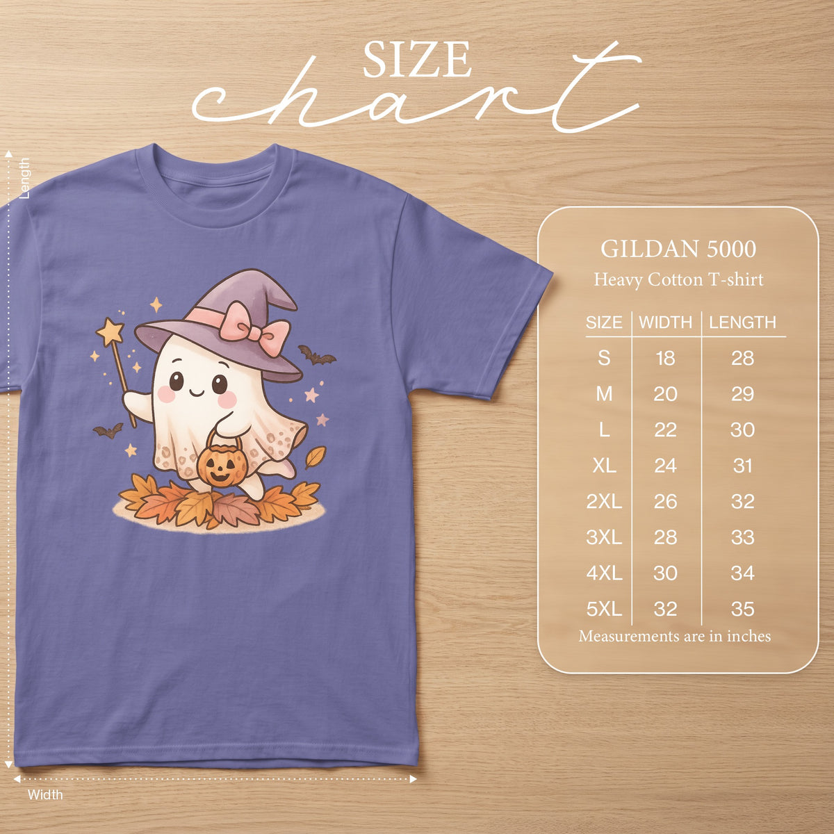 Gildan 5000 size chart showing measurements for heavy cotton t-shirts.