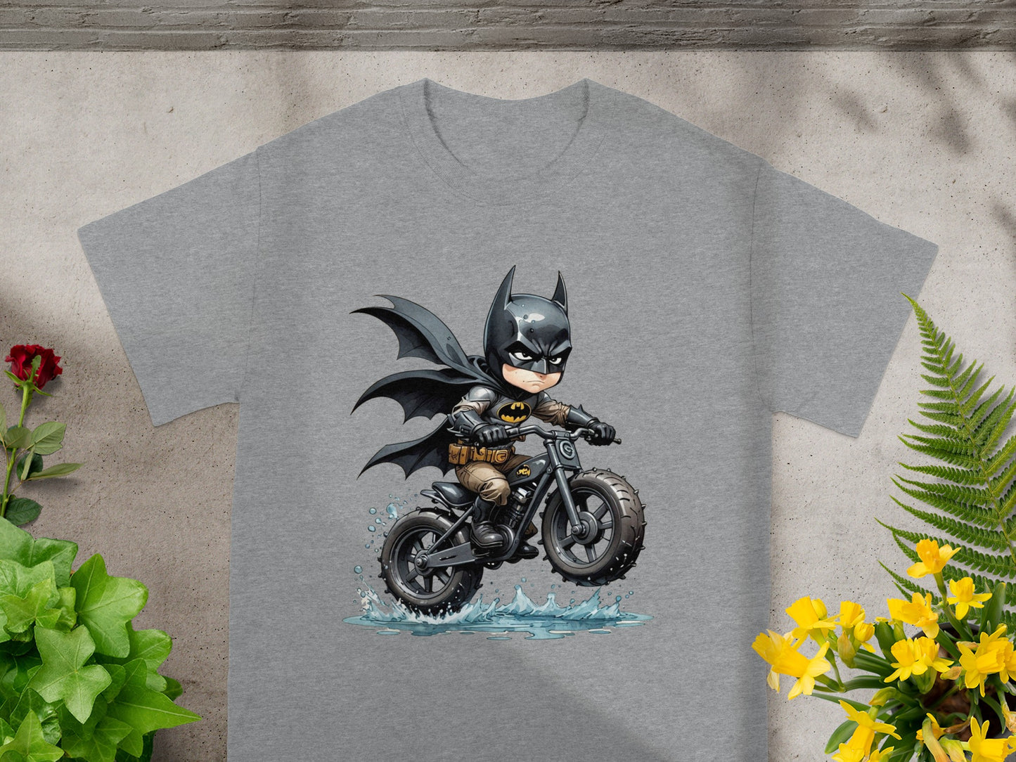 Batman on a motorcycle splashing through water.