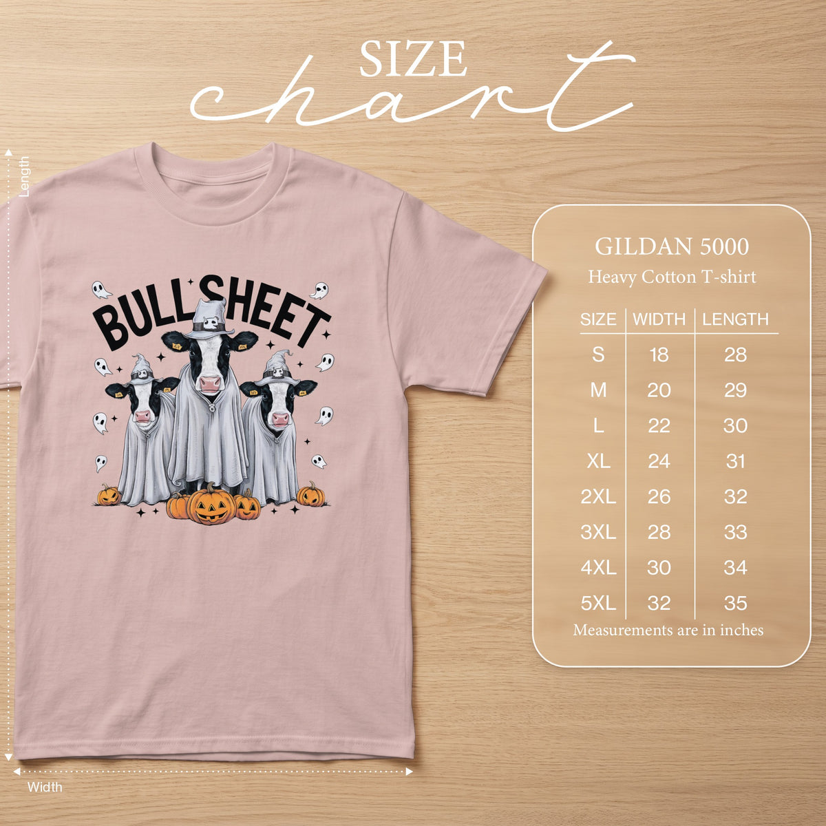 Pink t-shirt with Halloween cows dressed as ghosts and "Bull Sheet" text. Includes size chart.