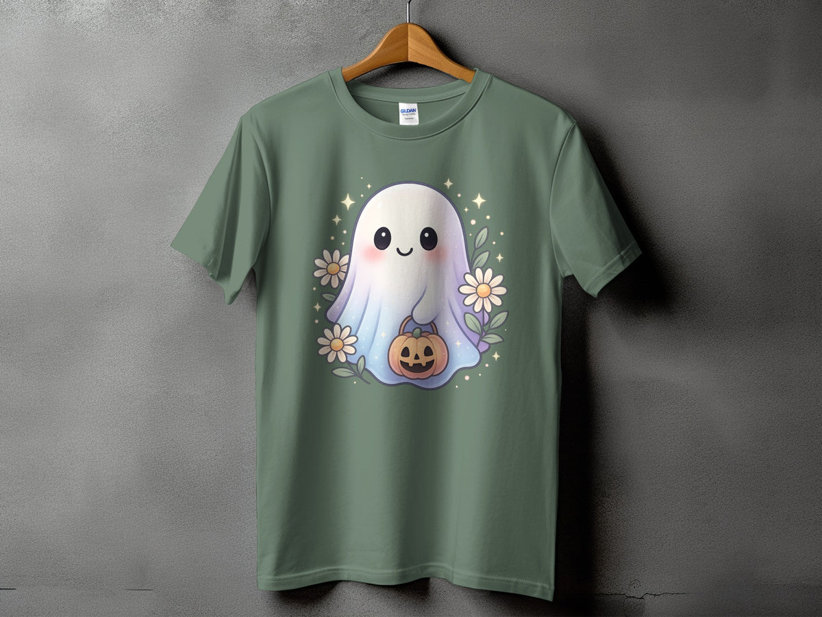 Green t-shirt with a cute ghost holding a pumpkin surrounded by flowers.