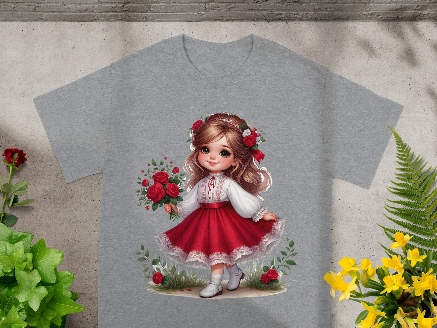 Grey t-shirt with a graphic of a girl holding roses.