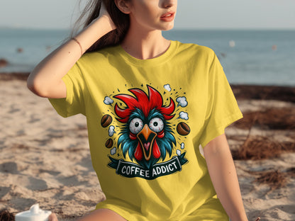 Coffee Addict Rooster Graphic Design Yellow T-Shirt