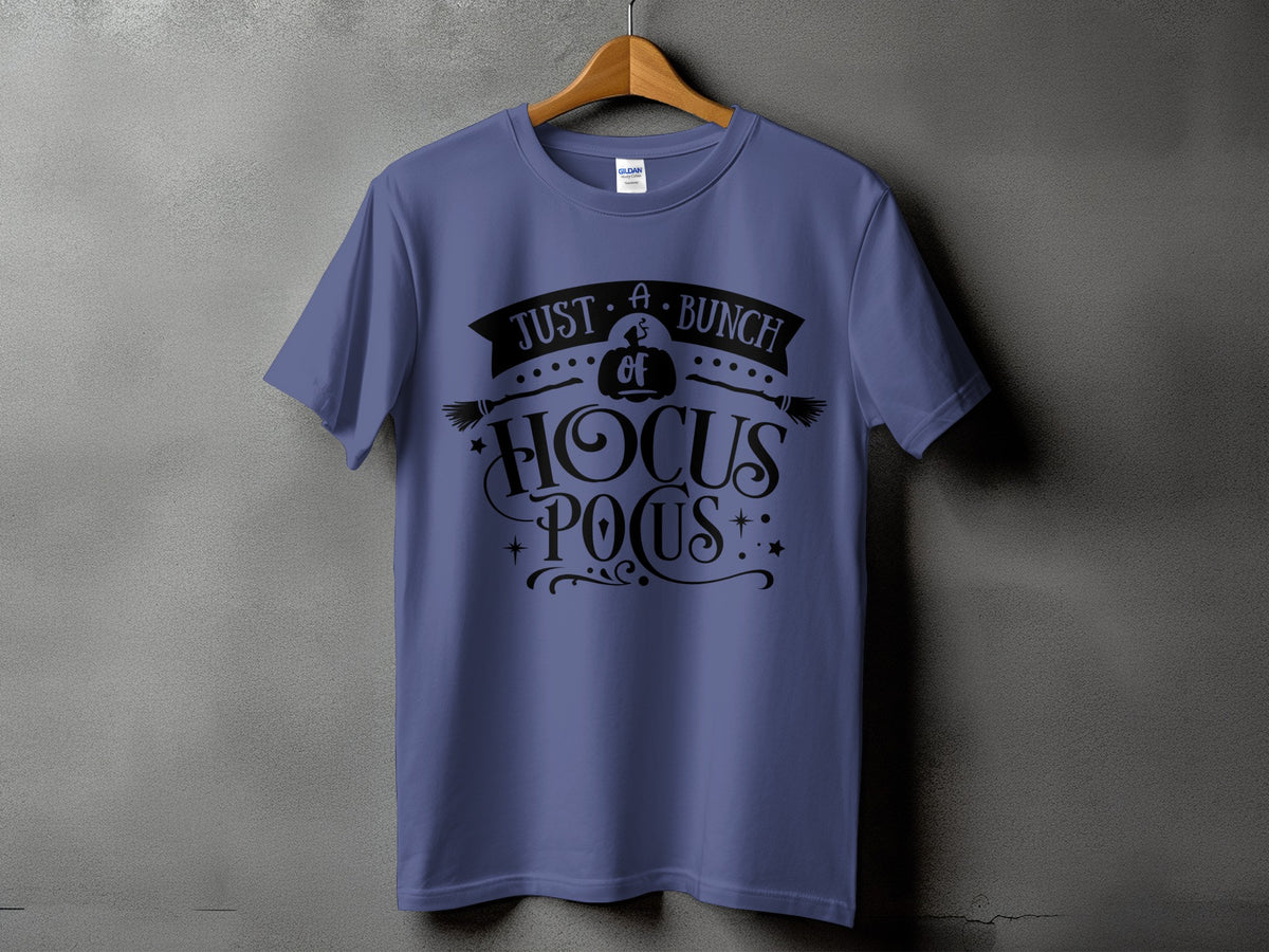Purple t-shirt with "Just A Bunch of Hocus Pocus" text design.