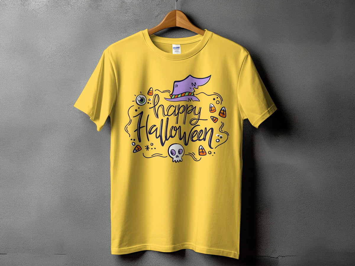 Yellow t-shirt with "Happy Halloween" text, a purple witch hat, and Halloween icons.