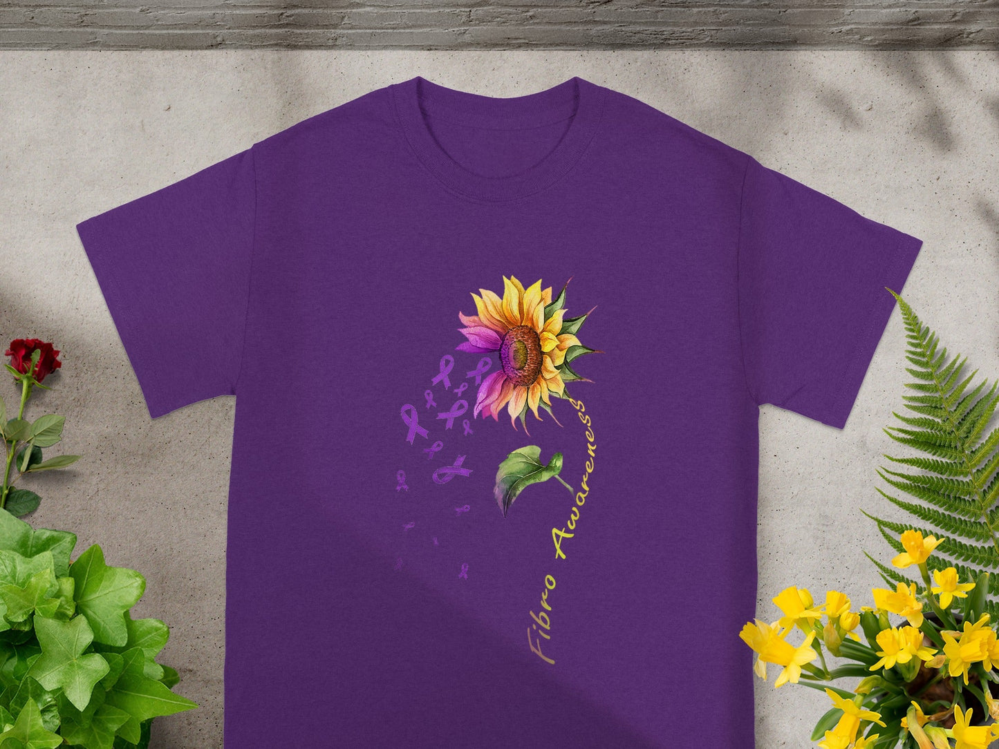 Fibro Awareness Sunflower Design Purple Tee Shirt